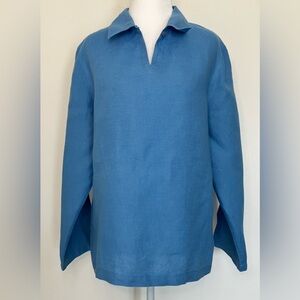 Talbots 100% Irish Linen Blue Peties Medium V Neck Collar Shirt Costal Career